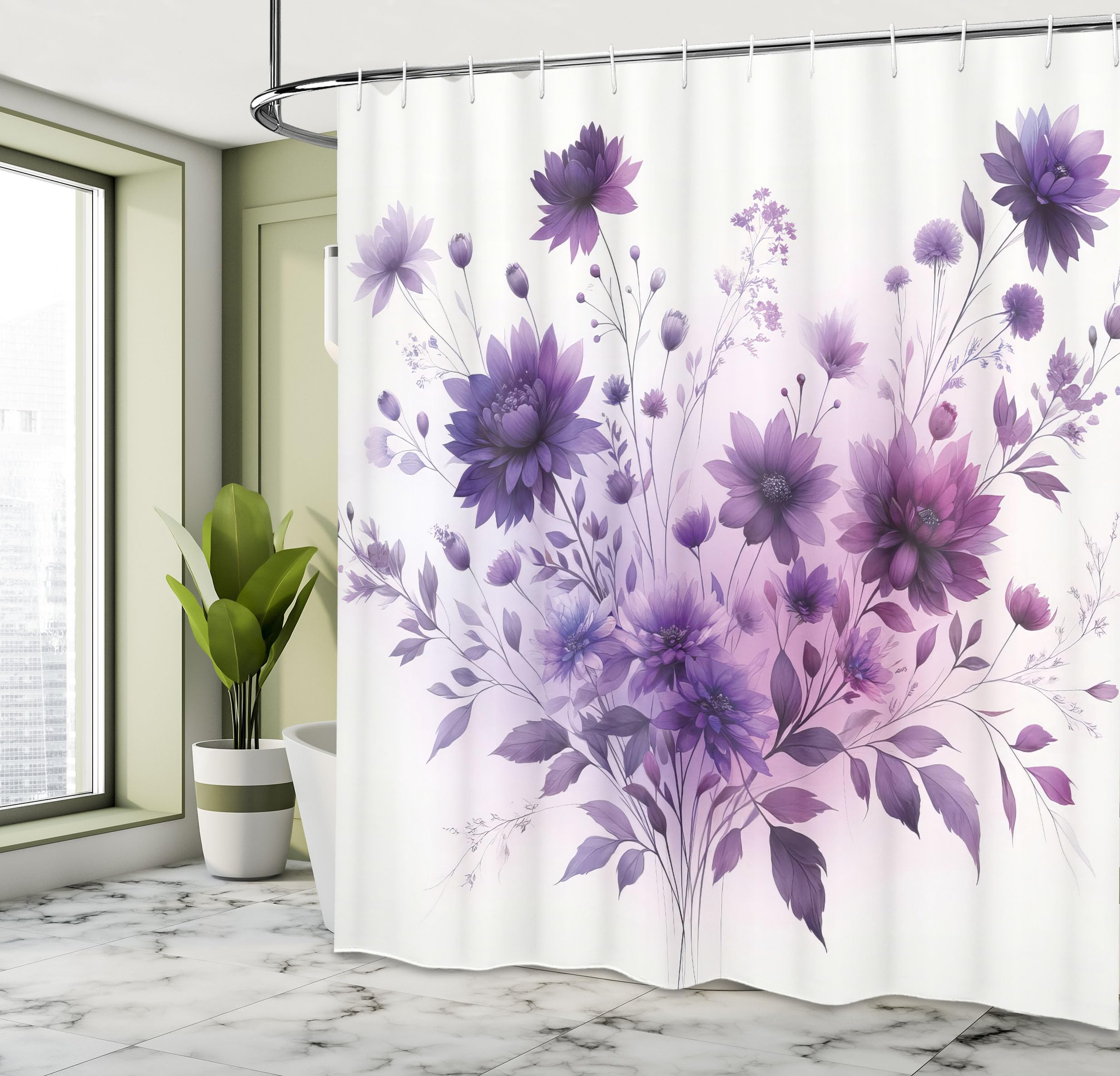 Ambesonne Purple Shower Curtain, Avant-Garde Blossoming Wild Flowers Bouquet In Monochromatic Tones Print, Cloth Fabric Bathroom